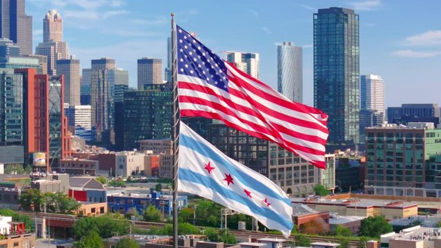 Aerial shot of American Flag in Chicago downtown above the highway.