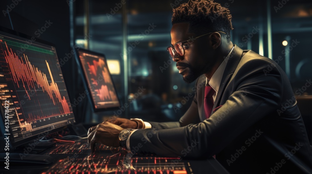 Poster financial analysts and day traders working on a computers with multi-monitor workstations with real-