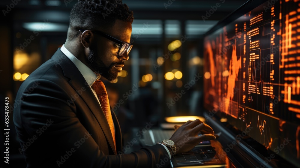 Poster financial analysts and day traders working on a computers with multi-monitor workstations with real-
