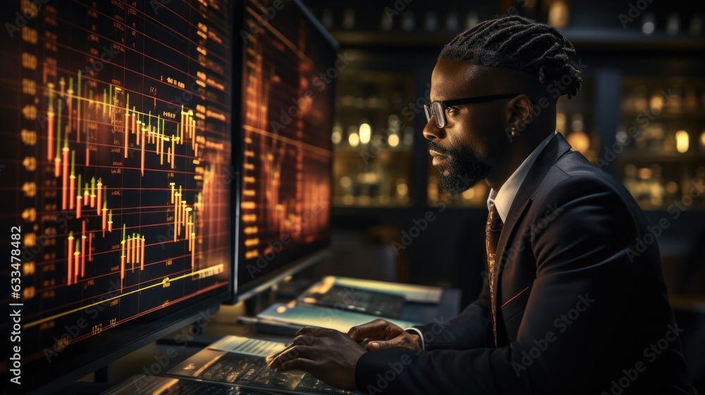Poster financial analysts and day traders working on a computers with multi-monitor workstations with real-