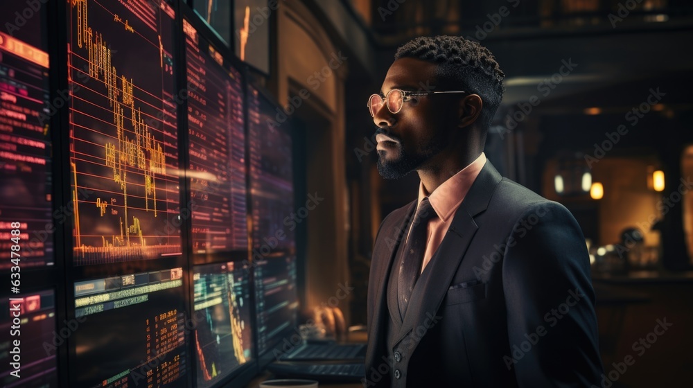 Poster financial analysts and day traders working on a computers with multi-monitor workstations with real-