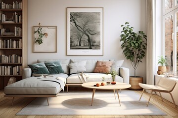 A modern Scandinavian home interior design characterized by its aesthetics. The elegant living room features a comfortable sofa, midcentury furniture, a cozy carpet, wooden flooring, white walls, and