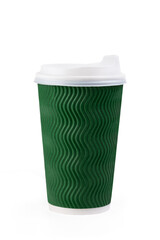 Green paper cup for cappuccino or latte, on a white isolated background