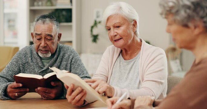 Senior man, women and bible study for reading, religion and writing for notes, inspiration and worship in home. Elderly friends, holy books and faith for connection, gratitude and spiritual mindset