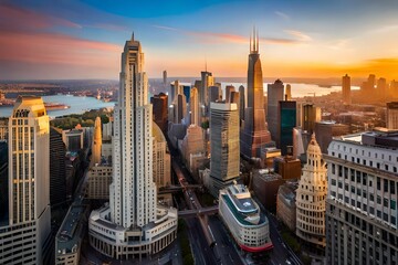 Aerial view of the city skyline at sunset, showcasing tall buildings and modern architecture in Chicago's financial district