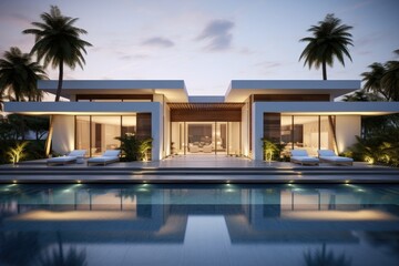 Fototapeta premium A contemporary, sleek luxury villa features a minimalist aesthetic in its exterior design.