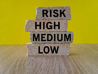 Brick blocks with the words risk, high, medium, low, on beautiful yellow background, wooden table. Business concept.