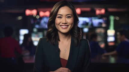 Female Asian TV presenter; digital anchor in studio, focusing on technology, journalism, broadcasting. Professional role.