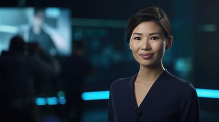 Female Asian TV presenter; digital anchor in studio, focusing on technology, journalism, broadcasting. Professional role.