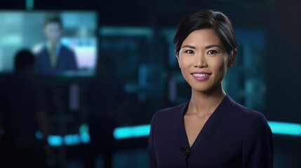 Female Asian TV presenter; digital anchor in studio, focusing on technology, journalism, broadcasting. Professional role.