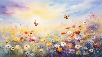 Fototapeta na wymiar a painting of a field of flowers with a butterfly flying over it. generative ai