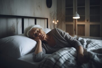 Fototapeta na wymiar Senior woman sleeping while feeling sick and having a headache