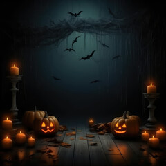 Halloween background.pumpkins and fallen leaves on wooden background. Scary halloween pumpkin