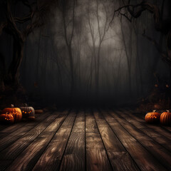 Halloween background.pumpkins and fallen leaves on wooden background. Scary halloween pumpkin