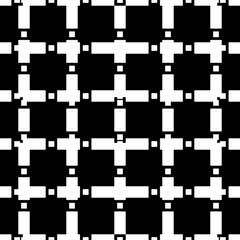 Repeated white figures on black background. Seamless surface pattern design with geometric shapes ornament. Polygons wallpaper. Dashed and dotted crossed lines motif. Digital paper for print. Vector.