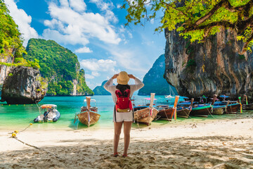 Traveler woman on vacation beach joy nature view scenic landscape island Krabi, Attraction famous...