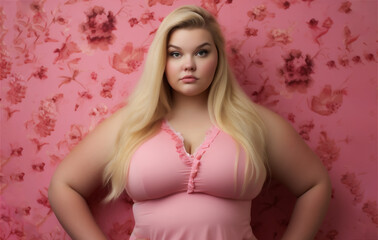 Obraz na płótnie Canvas Beautiful overweight caucasian woman with blonde hair on pink background, ai generated 