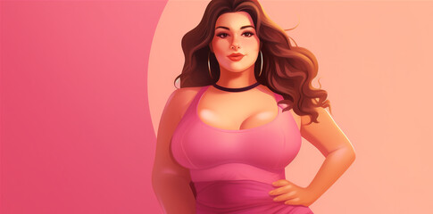Illustration of beautiful overweight woman on pink background, ai generated 