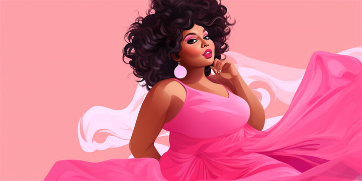 Beautiful overweight black woman on pink background with copy space, ai generated 