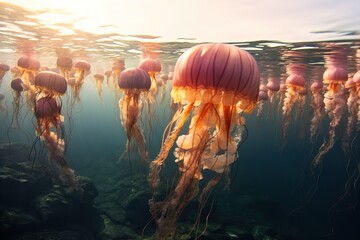 Orange-Pink Jellyfish Swimming in Sunlit Sea Water