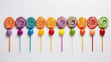  a row of colorful lollipops on a white background.  generative ai