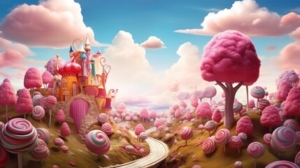  a painting of a pink castle surrounded by trees and lollipops.  generative ai