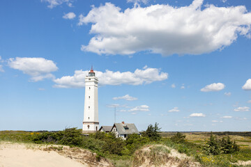 The western most point of Denmark-Blåvand lighthouse on Blåvandshuk with beach view on the west coast of Jutland, Blåvand is a town in Varde municipality in Jutland in Denmark