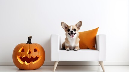 Chihuahua sits in a modern interior with a jack-o-lantern. Generative AI.