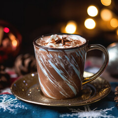 Hot chocolate with marshmallows, warm cozy Christmas drink. Background .