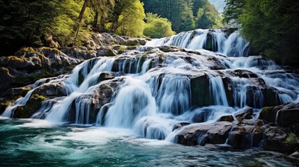 Obraz premium a large waterfall with lots of water running down it's sides. generative ai
