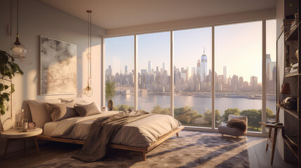 interior of a cozy bedroom with nyc view