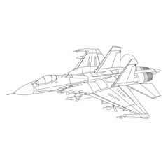 Sukhoi Su-27 Aircraft Outline Illustration. Fighter Jet Su27 Flanker Coloring Book For Children And Adults. Military Airplane Isolated on White Background. Plane Drawing Line Art Vector Illustration