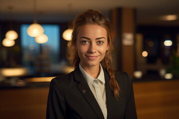 Fototapeta premium Welcoming with a Smile: Portrait of a Young European Woman Hotel Receptionist