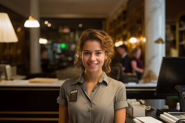 Welcoming with a Smile: Portrait of a Young European Woman Hotel Receptionist