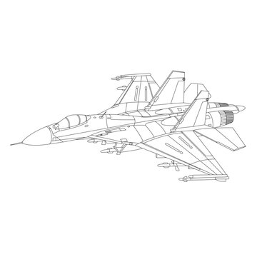 recommend clip art: Sukhoi Su-27 Aircraft Outline Illustration. Fighter Jet Su27 Flanker Coloring Book For Children And Adults. Military Airplane Isolated on White Background. Plane Drawing Line Art Vector Illustration
