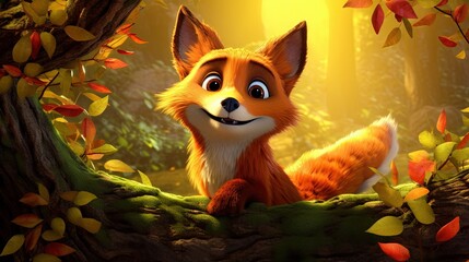 Fototapeta premium a cartoon fox sitting in the middle of a forest surrounded by leaves. generative ai