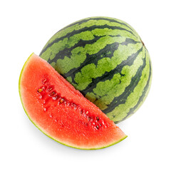 Slice of sweet ripe juicy red watermelon with seeds and whole green striped edible fruit or berry isolated on white background consumed raw and as ingredient in mixed salads, juice and cocktails