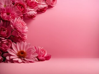 Beautiful pink background design with pink pretty flowers, banner with copy space text 