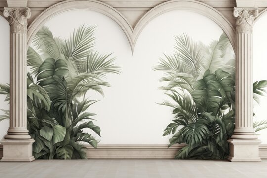 Fototapeta Mockup Ofn artistic depiction of tropical and exotic plants and leaves intertwined within the columns. Use floral patterns as the backdrop for a largescale painting, wallpaper, photo wallpaper