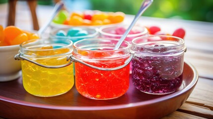  four jars of jelly sit on a tray with spoons.  generative ai