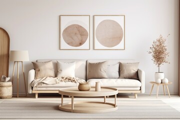 The living room has a warm and inviting atmosphere, with a mockup poster frame hanging on the wall. A modern beige sofa sits in the center, alongside an oval wooden coffee table. The sofa is adorned - obrazy, fototapety, plakaty