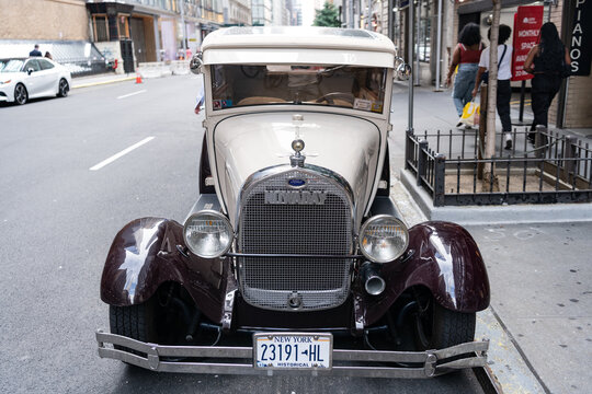 New York City, USA - July 23, 2023: vintage Ford Model A 1927 sedan car, nowaday, front view