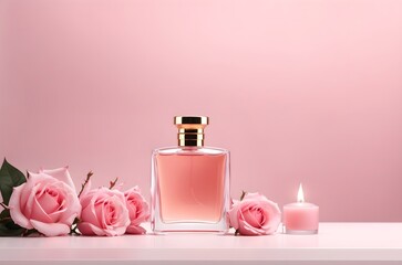 Obraz na płótnie Canvas Product photography, background with blank parfume bottle and pink roses isolated on clean background, banner with copy space text 