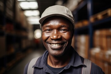 African american warehouse worker portrait in a warehouse smiling