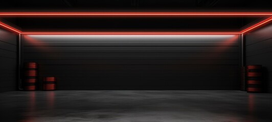 Obraz premium minimalist empty garage with red lights, in an underground ambiance