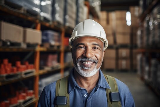 Mexican latin warehouse worker smiling portrait in a warehouse