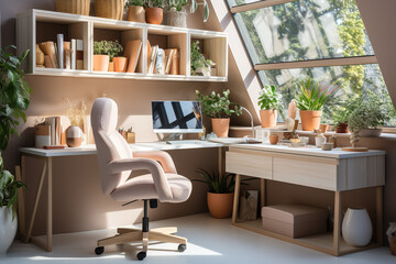 Interior design of home office space with stylish wooden desk, beautiful chair, laptop, platns. Created with Generative AI