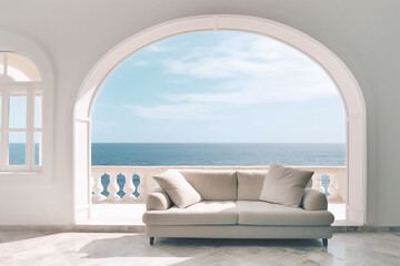 Fototapeta na wymiar White sofa in a white interior with sea views. Generative AI