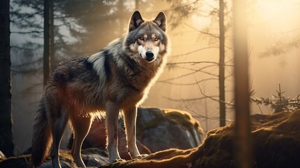 Wolf in the woods dramatic cinematic panoramic picture