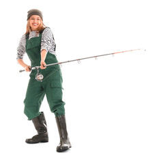 Portrait of happy young woman with fishing rod on white background